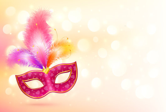 Pink carnival mask with colorful feathers vector banner background