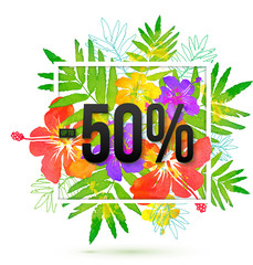 Vector summer sale 50 percent discount vector template on floral background