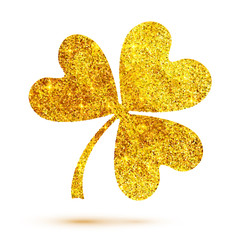 Golden shining glitter glamour vector clover leaf on white background