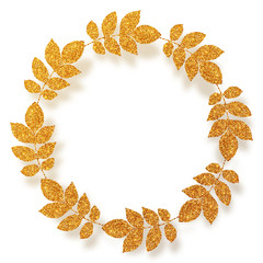 Golden glitter leaves vector round frame with shadow