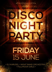Disco night party vector poster template with shining golden spotlights background - 121878980
