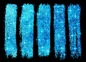 Blue glitter vector brush strokes set isolated at black background