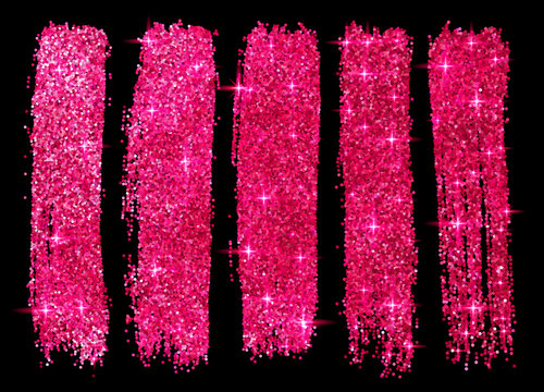 Pink glitter vector brush strokes set isolated at black background