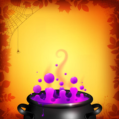 Purple potion in black cauldron on orange background, Halloween vector card template