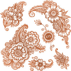 Hand-drawn vector ornaments set in Indian mehndi style