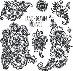 Hand-drawn mehendi flowers black and white isolated vector set