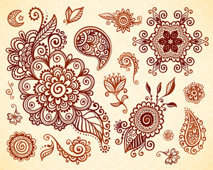 Indian mehndi tattoo style vector floral ornaments set