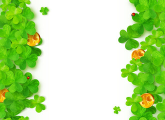Green vector clovers with golden coins on white background
