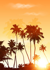 Orange sunset palms silhouettes vector poster background