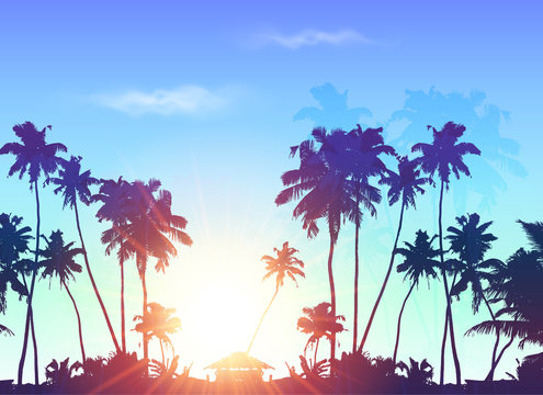 Palms Silhouettes At Blue Sunrise Sky, Vector Background