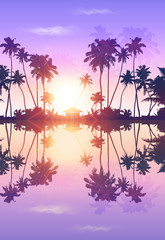 Violet sky romantic vector palms silhouettes with reflection