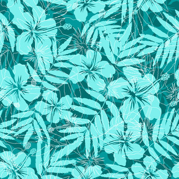Blue Tropical Flowers Silhouettes Vector Seamless Pattern
