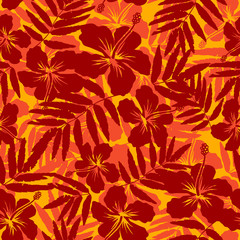 Red and orange tropical flowers silhouettes vector seamless pattern