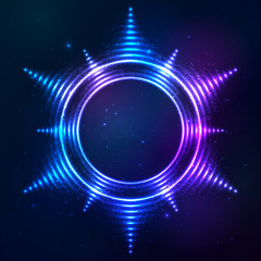 Bright shining blue neon vector sun frame at dark cosmic background