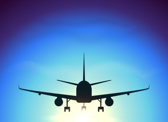 Fototapeta na wymiar Fly away plane on blue sky background, vector silhouette