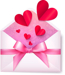 Pink vector paper envelope with red hearts and bow