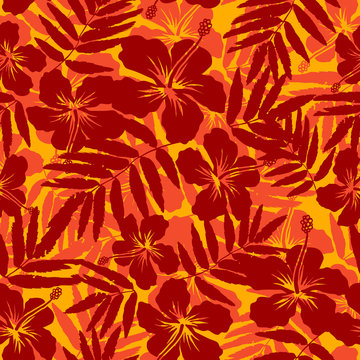 Red And Orange Tropical Flowers Silhouettes Vector Seamless Pattern