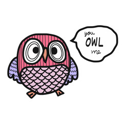 Pink owl on white background cartoon illustration