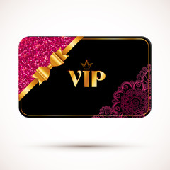 Black vip card vector template with pink glitter effect and golden bow