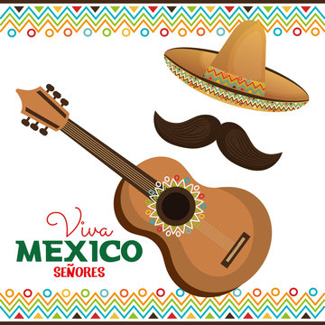 Guitar And Hat With Moustache Viva Mexico Vector Illustration Eps 10