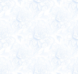 Vintage style vector peonies light blue seamless pattern