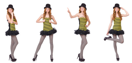 A girl in black and yellow striped dress isolated on white