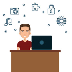 character man on desk and laptop with icon media graphic vector illustration eps 10
