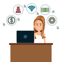 cartoon woman on desk and laptop media graphic vector illustration eps 10