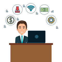 character man on desk and laptop with icon media graphic vector illustration eps 10