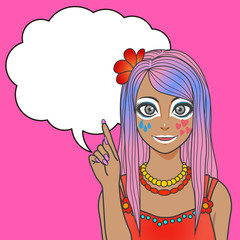 Yamanba Gyaru (japanese black faced girl) character with balloon, pose and expression, cartoon illustration like japanese animation, vector