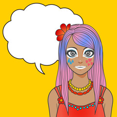 Yamanba Gyaru (japanese black faced girl) character with balloon, pose and expression, cartoon illustration like japanese animation, vector