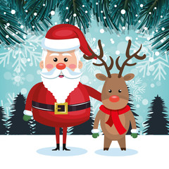 santa with reindeer and landscape snow graphic vector illustration eps 10