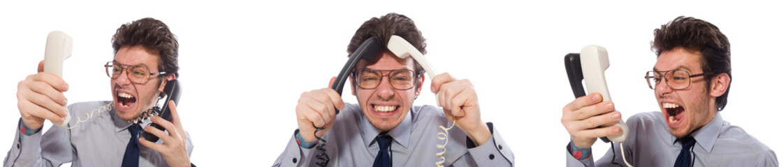 Angry call center employee in collage