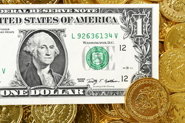 One dollars and gold coins for background