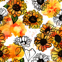 Fototapeta premium Seamless pattern with freehand yellow watercolor sunflowers