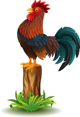 Cartoon Rooster standing on tree stump 