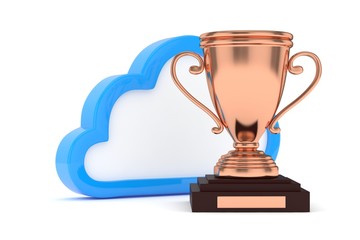 Isoalted bronze cup with cloud on white background. Blue contour cloud. Concept of cloud storage competition. Leader cloud drive. Best storage contest. 3D rendering.