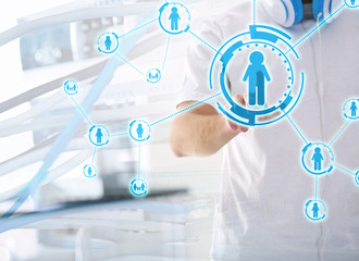 Male hand pushing button on virtual screen. Modern technology concept.