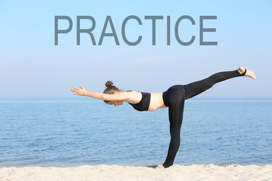 Word PRACTICE on background. Business trainer concept. Young woman in yoga pose on mat. - Powered by Adobe