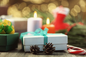 Christmas gift boxes on table