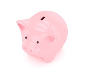 Pink shiny piggybank on white background. Concept of investment, savings and more. 3D rendering.