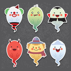 Set of collection of cute ghost with different cosplay: clown, zombie, vampire, devil, scarecrow and japanese ghost. Cartoon halloween ghosts vector icon set.