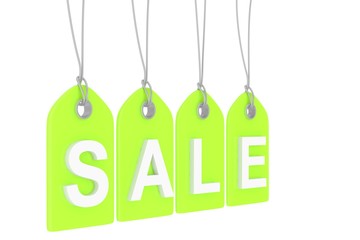 Green isolated sale labels on white background. Price tags. Special offer and promotion. Store discount. Shopping time. 3D rendering.