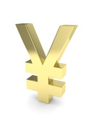 Isolated golden yen yuan sign on white background. Chinese japanese currency. Concept of investment, asian market, savings. Power, luxury and wealth. 3D rendering.