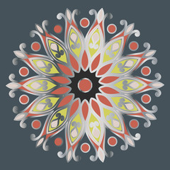 Fototapeta na wymiar Drawing of a floral mandala in orange, yellow and silver colors on a gray background. Hand drawn tribal vector stock illustration