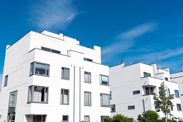 Modern white townhouses seen in Berlin, Germany