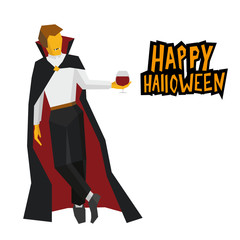 Standing vampire with wineglass in hand. Cartoon evil character isolated on white background. With words 'Happy Halloween'. Simple geometric shapes, flat stile vector clip art.