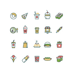 Outline fast food vector icons with flat color elements