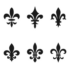 Collection of fleur de lis symbols, black silhouettes - heraldic symbols. Vector Illustration. Medieval signs. Glowing french fleur de lis royal lily. Elegant decoration symbols. - obrazy, fototapety, plakaty