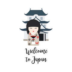 Welcome to Japan. Vector illustration with Japanese Kokeshi Doll